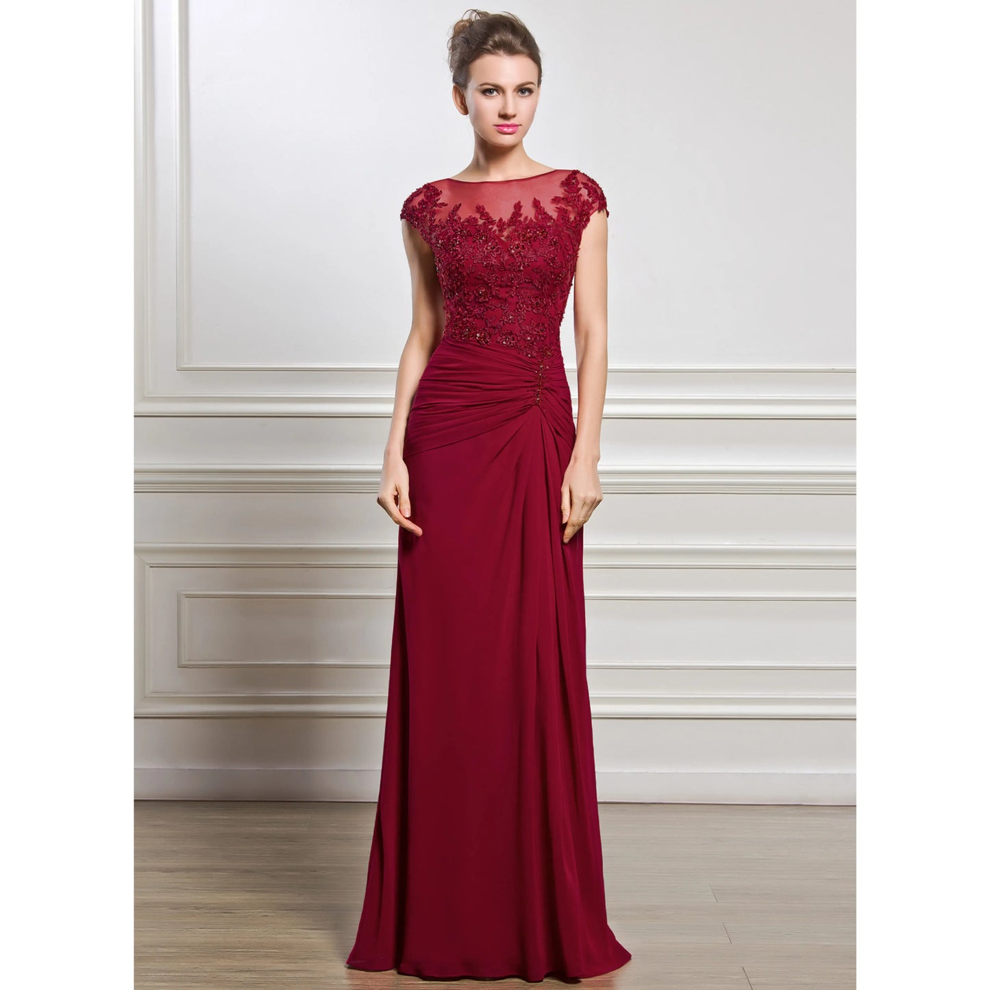 Elegant A-Line Bateau Cap Sleeve Beaded Burgundy Mother of the Bride Gown