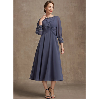 Elegant A-Line Bateau Sleeve Beaded Dusty Blue Midi Mother of the Bride Dress