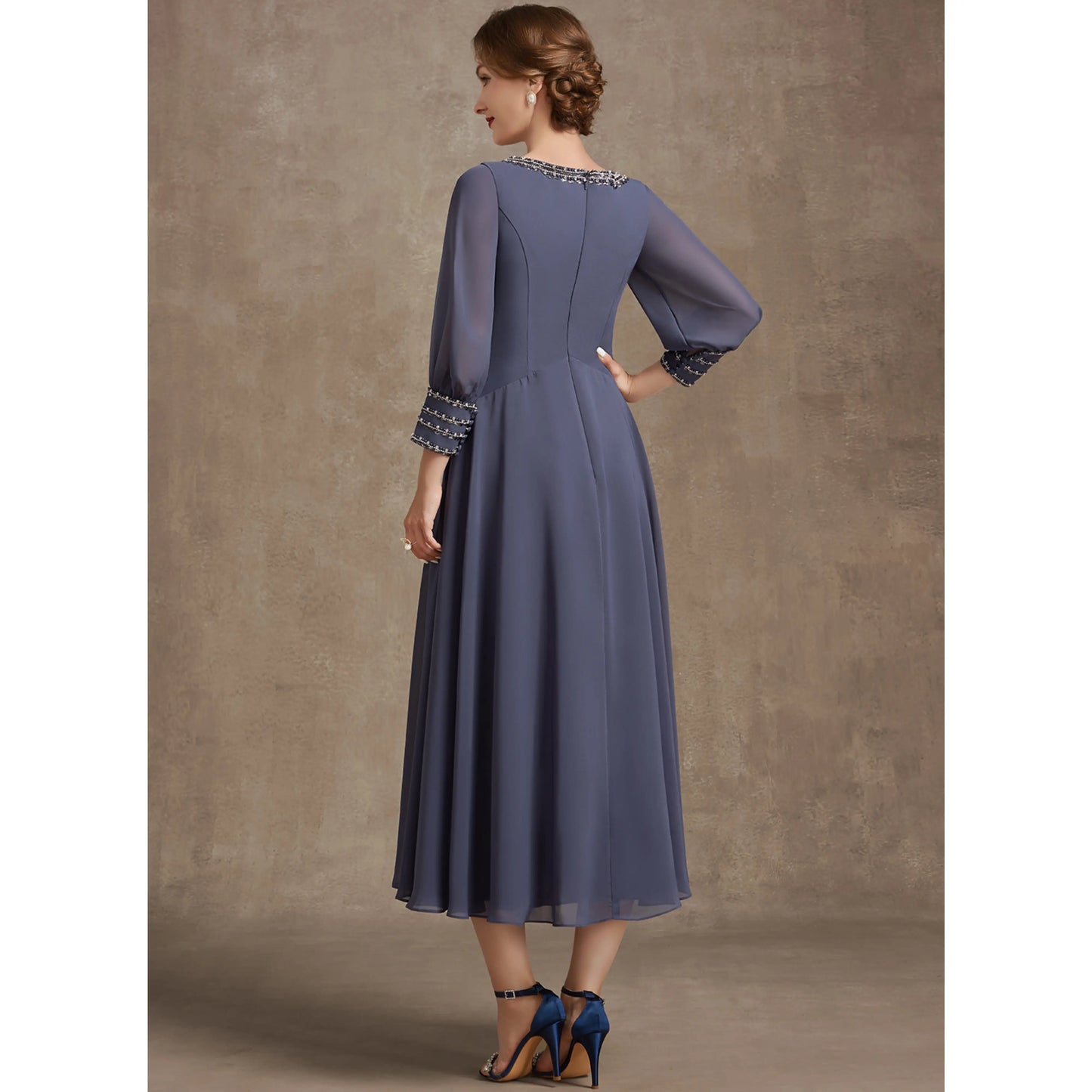Elegant A-Line Bateau Sleeve Beaded Dusty Blue Midi Mother of the Bride Dress