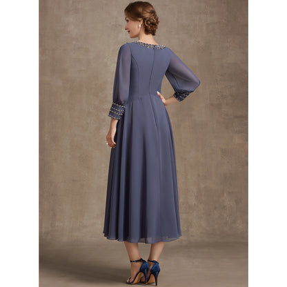 Elegant A-Line Bateau Sleeve Beaded Dusty Blue Midi Mother of the Bride Dress