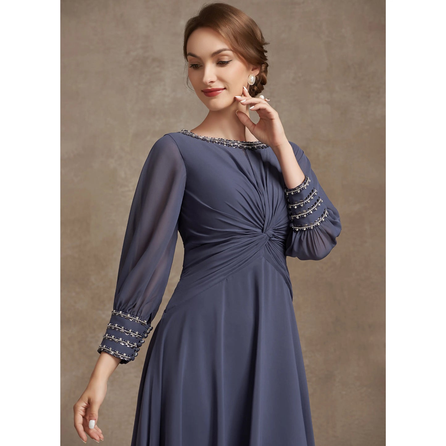 Elegant A-Line Bateau Sleeve Beaded Dusty Blue Midi Mother of the Bride Dress