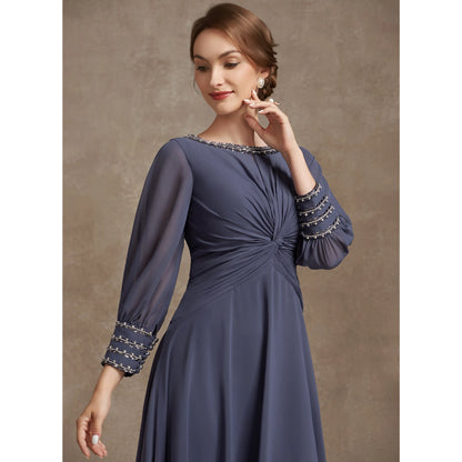 Elegant A-Line Bateau Sleeve Beaded Dusty Blue Midi Mother of the Bride Dress