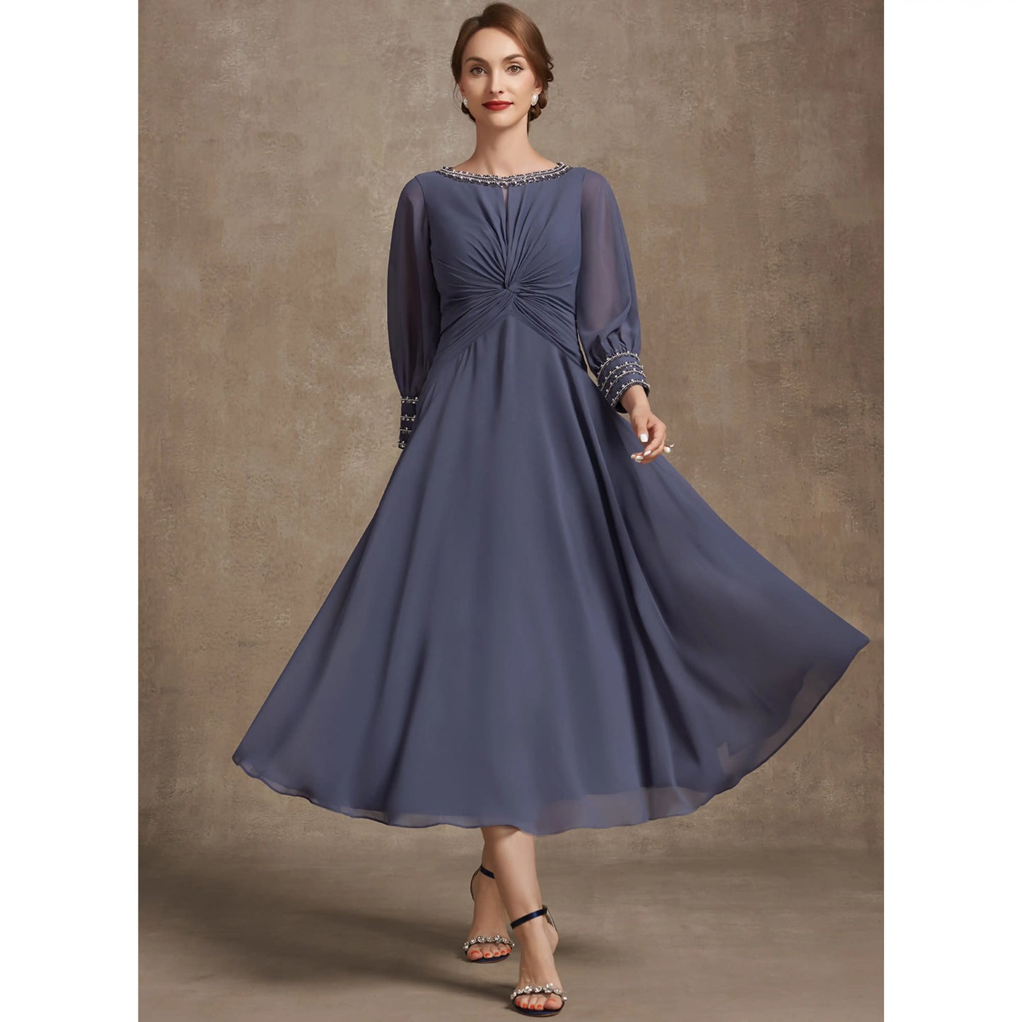 Elegant A-Line Bateau Sleeve Beaded Dusty Blue Midi Mother of the Bride Dress