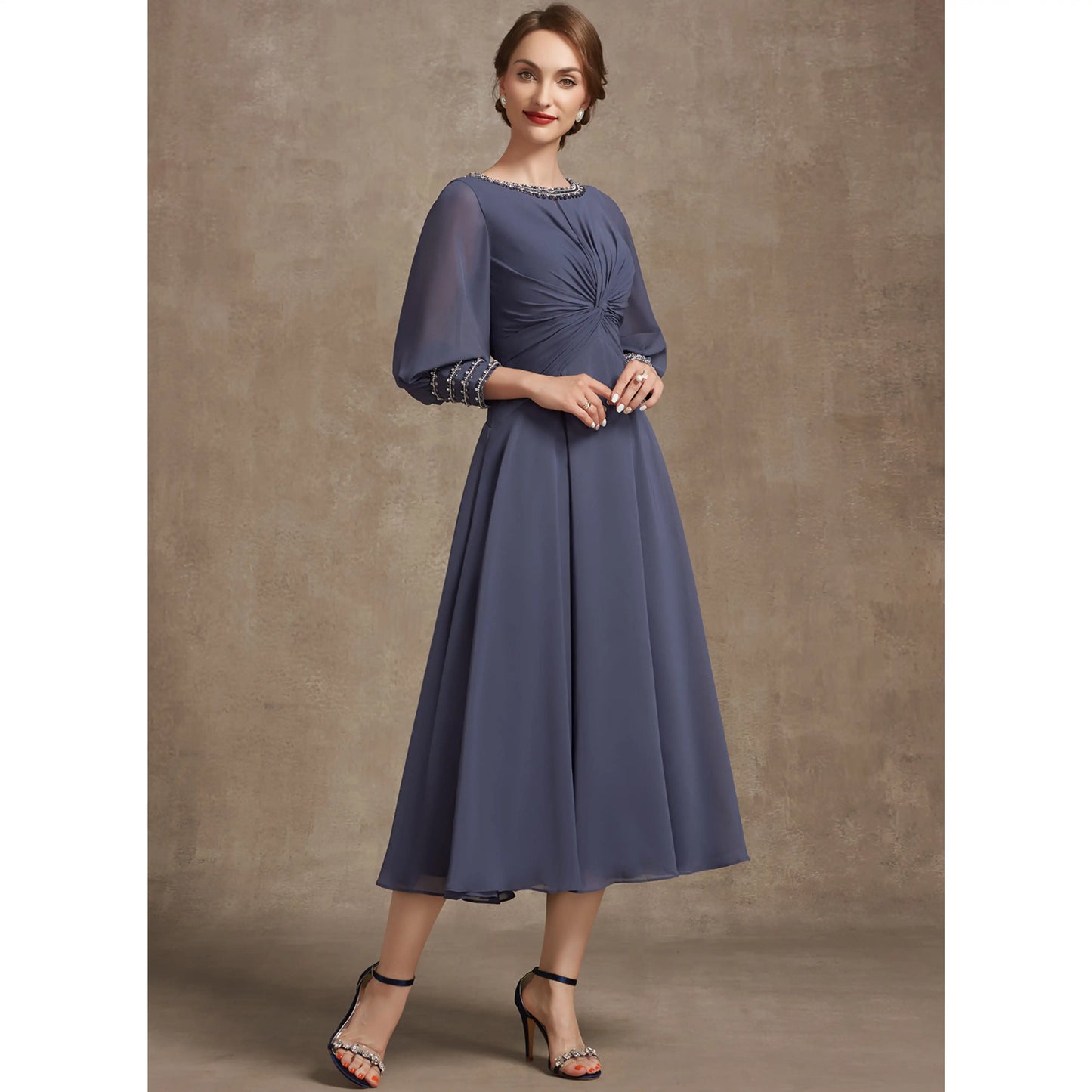 Elegant A-Line Bateau Sleeve Beaded Dusty Blue Midi Mother of the Bride Dress