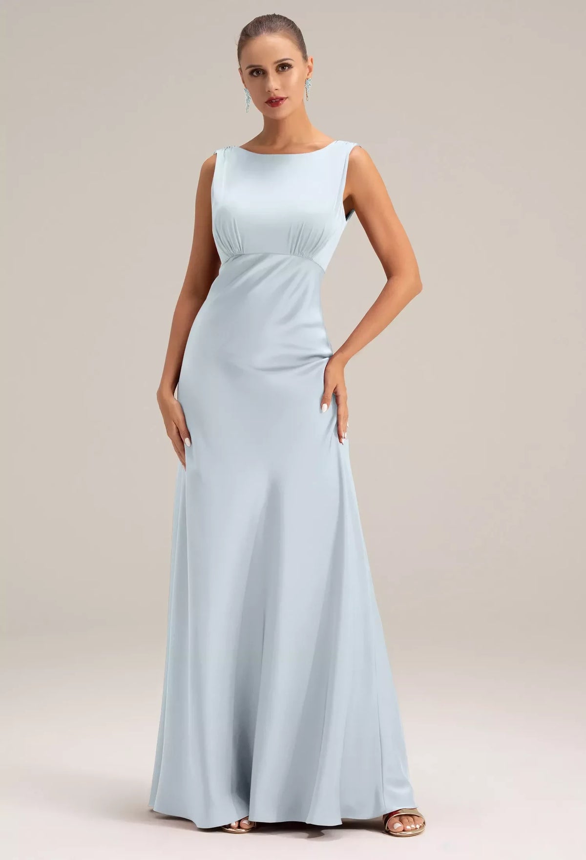 Elegant A-Line Bateau Sleeveless Backless Pleated Blue Maxi Bridesmaid Dress Women