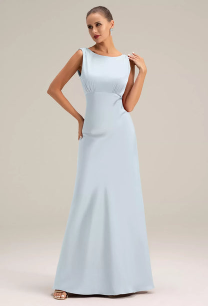 Elegant A-Line Bateau Sleeveless Backless Pleated Blue Maxi Bridesmaid Dress Women