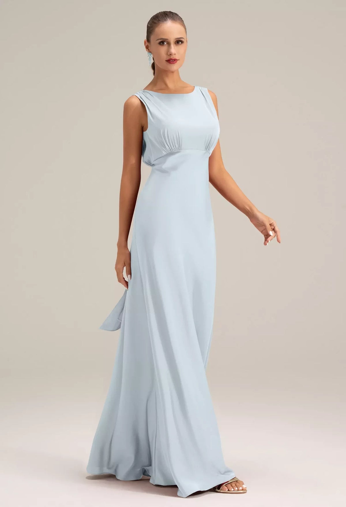 Elegant A-Line Bateau Sleeveless Backless Pleated Blue Maxi Bridesmaid Dress Women