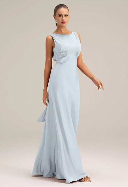 Elegant A-Line Bateau Sleeveless Backless Pleated Blue Maxi Bridesmaid Dress Women