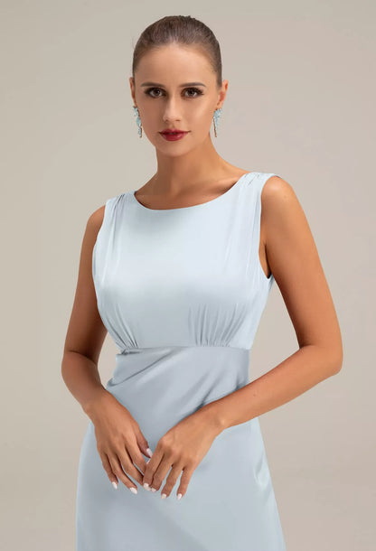 Elegant A-Line Bateau Sleeveless Backless Pleated Blue Maxi Bridesmaid Dress Women