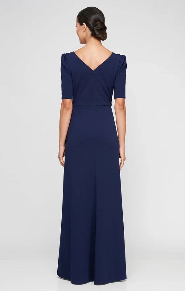 Elegant A-Line Beaded Boat Neck Ruffled Navy Floor-Length Mother of the Bride Dress
