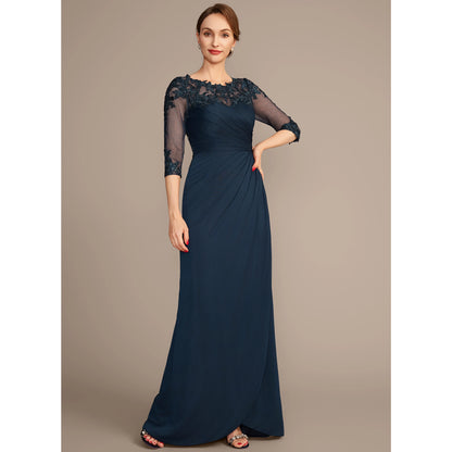 Elegant A-Line Beaded Ruched Dark Navy Floor-Length Mother of the Bride Dress