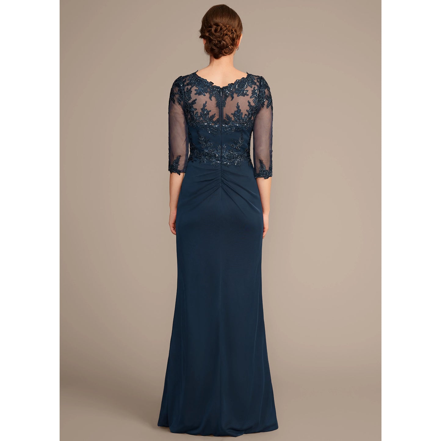 Elegant A-Line Beaded Ruched Dark Navy Floor-Length Mother of the Bride Dress