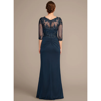 Elegant A-Line Beaded Ruched Dark Navy Floor-Length Mother of the Bride Dress