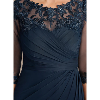 Elegant A-Line Beaded Ruched Dark Navy Floor-Length Mother of the Bride Dress