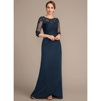 Elegant A-Line Beaded Ruched Dark Navy Floor-Length Mother of the Bride Dress