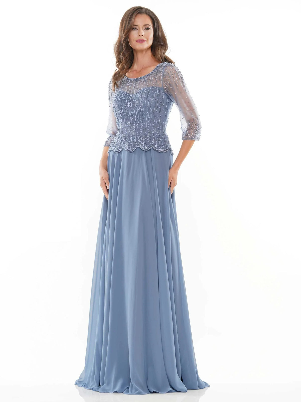 Elegant A-Line Beaded Three-Quarter Sleeve Dusty Blue Mother of the Bride Gown
