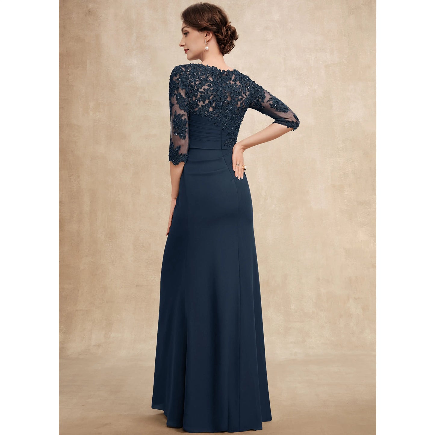 Elegant A-Line Boat Neck 3/4 Sleeve Navy Blue Mother Of The Bride Gown