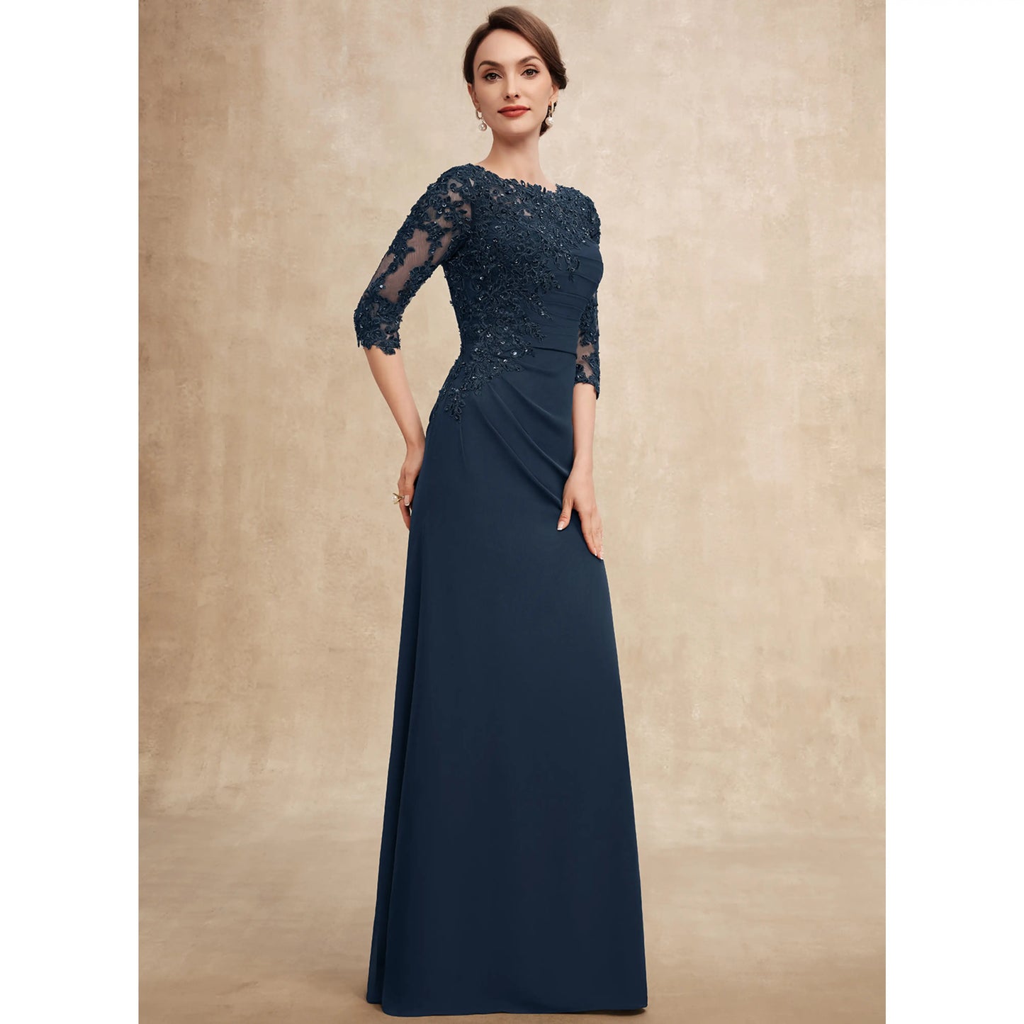 Elegant A-Line Boat Neck 3/4 Sleeve Navy Blue Mother Of The Bride Gown