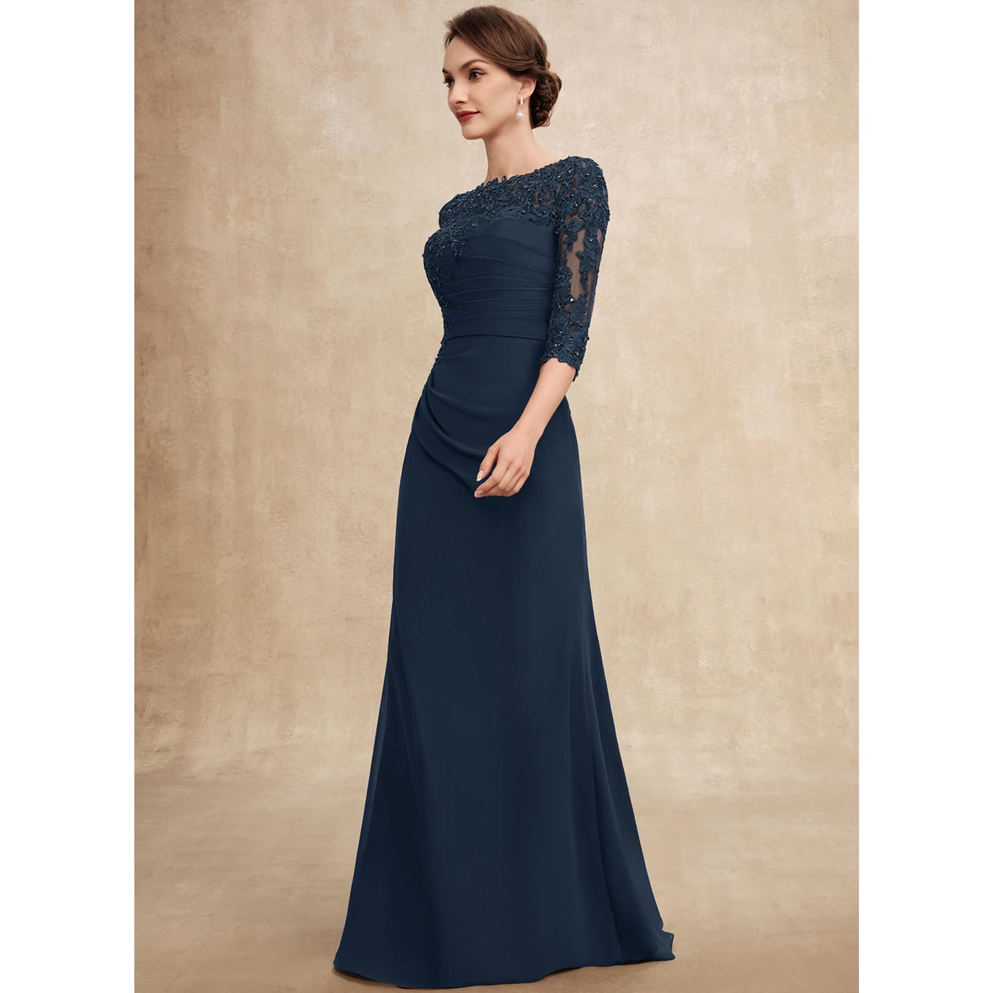 Elegant A-Line Boat Neck 3/4 Sleeve Navy Blue Mother Of The Bride Gown