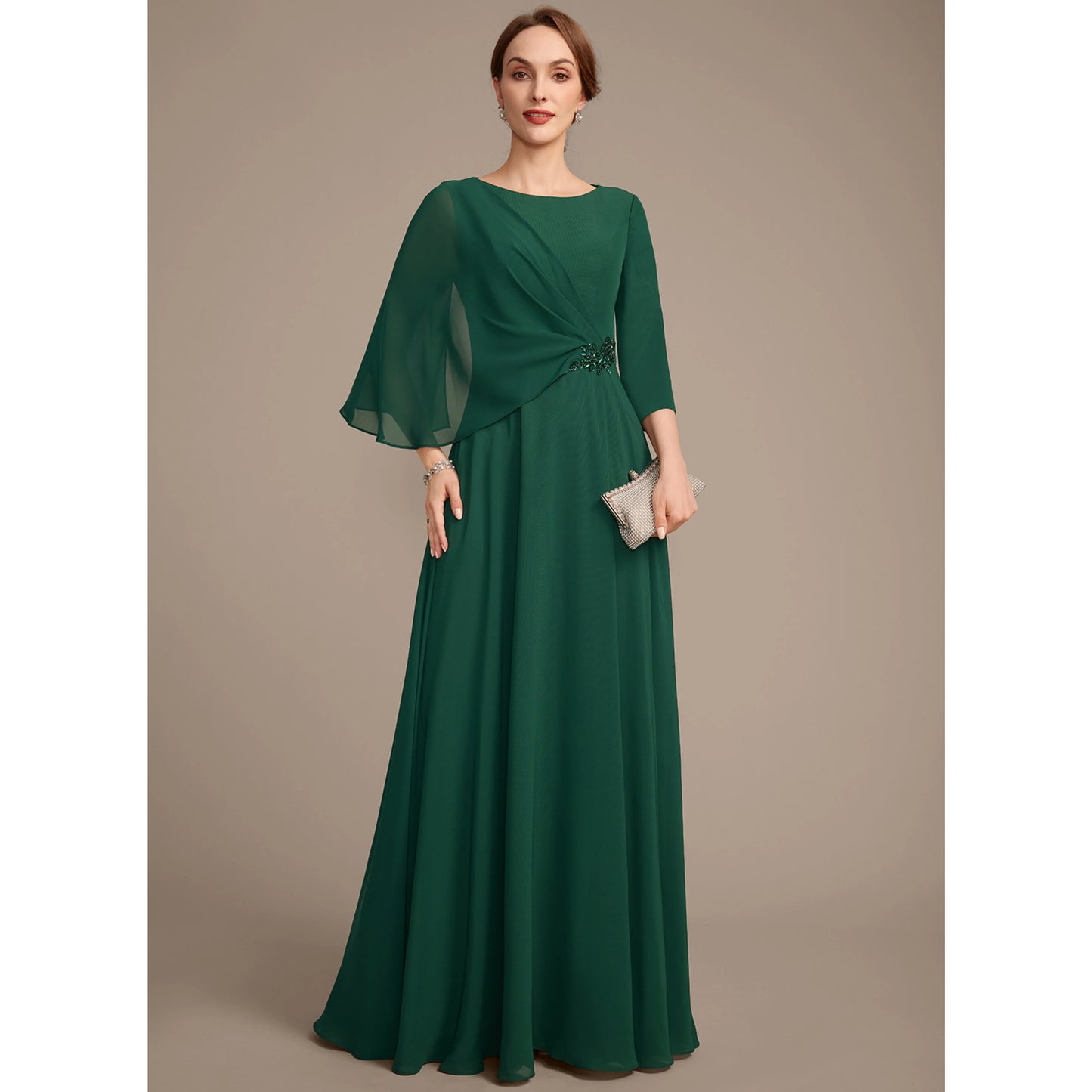 Elegant A-Line Boat Neck 3/4 Sleeve Ruched Emerald Green Floor-Length Mother of the Bride Gown