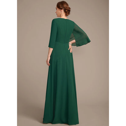 Elegant A-Line Boat Neck 3/4 Sleeve Ruched Emerald Green Floor-Length Mother of the Bride Gown