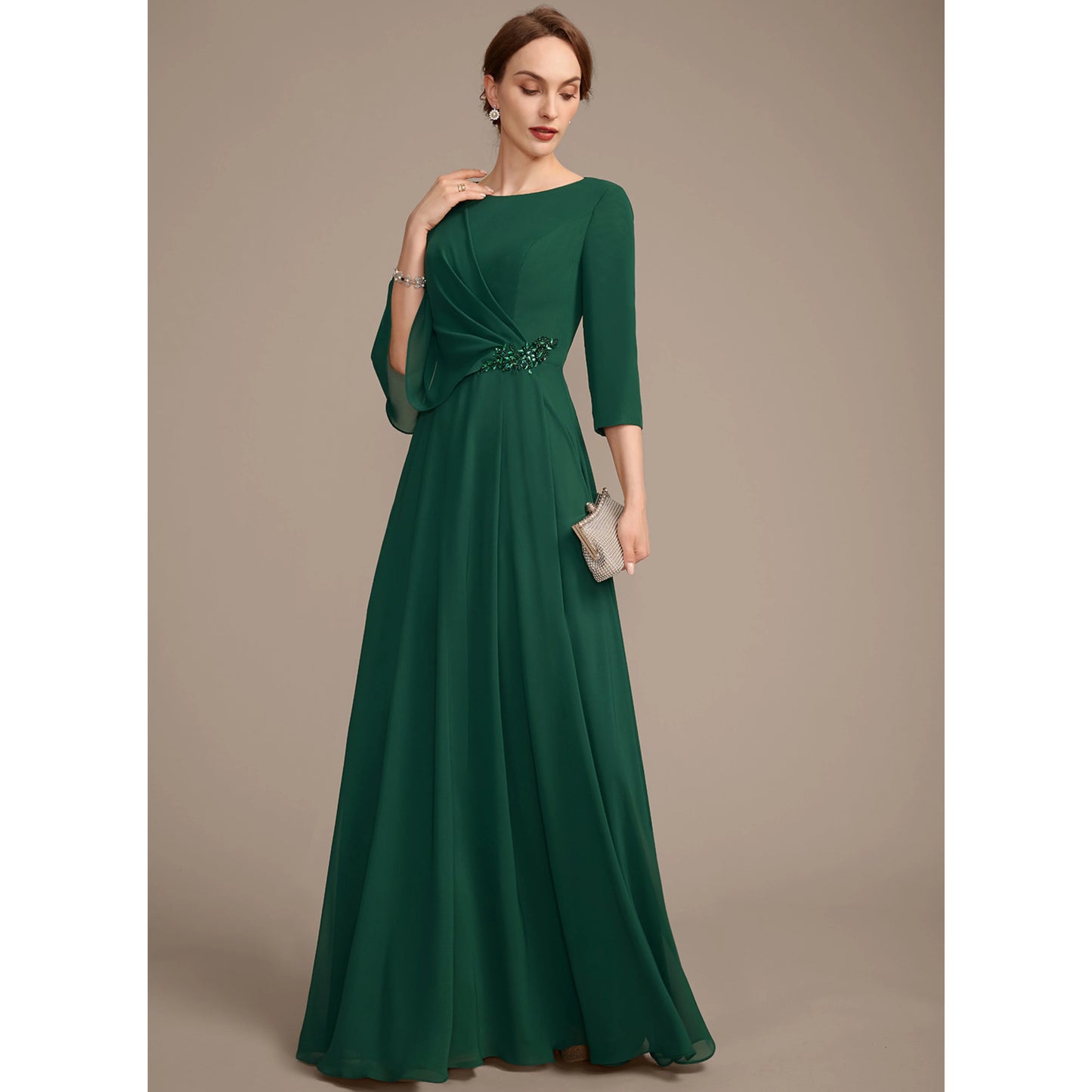 Elegant A-Line Boat Neck 3/4 Sleeve Ruched Emerald Green Floor-Length Mother of the Bride Gown