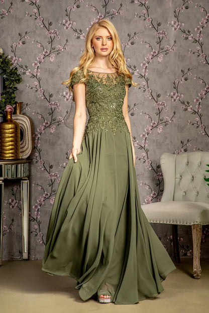 Elegant A-Line Boat Neck Cap Sleeve Embellished Olive Green Mother of the Bride Gown