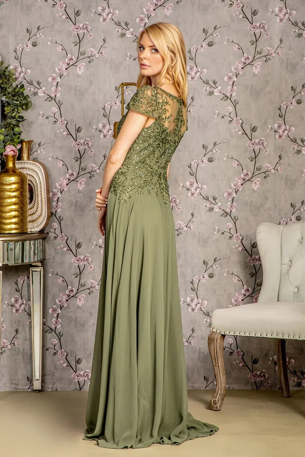 Elegant A-Line Boat Neck Cap Sleeve Embellished Olive Green Mother of the Bride Gown