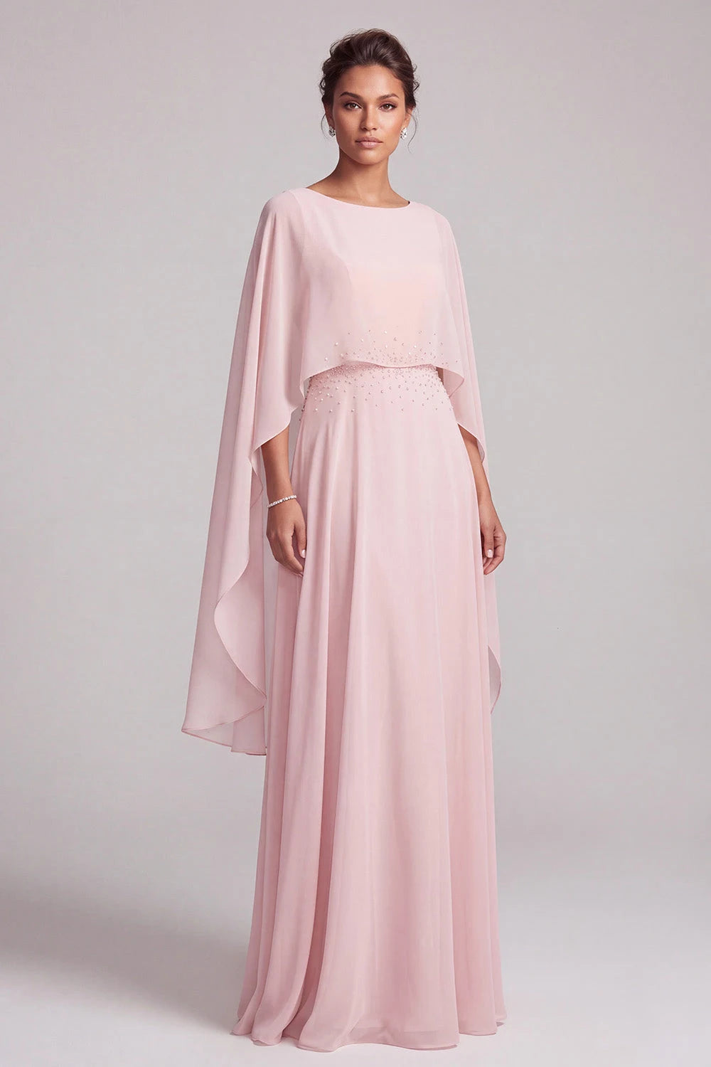 Elegant A-Line Boat Neck Cape Beaded Blush Pink Floor-Length Prom Dress