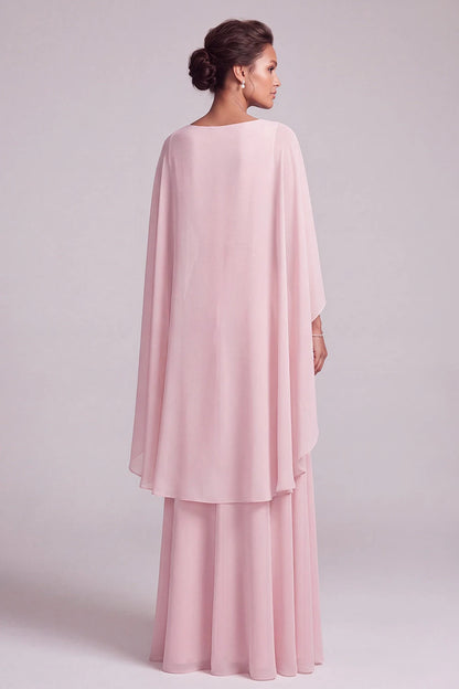 Elegant A-Line Boat Neck Cape Beaded Blush Pink Floor-Length Prom Dress