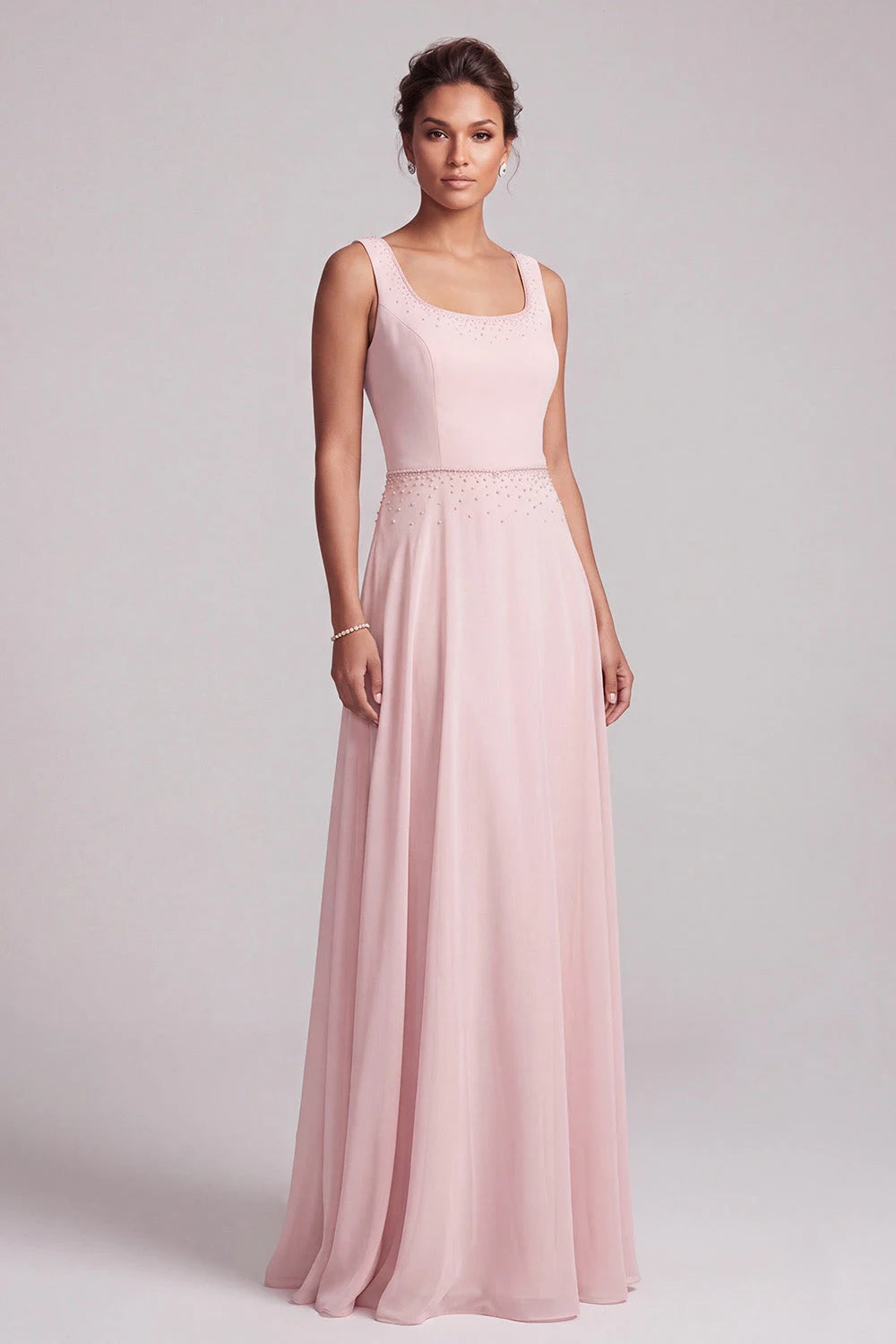 Elegant A-Line Boat Neck Cape Beaded Blush Pink Floor-Length Prom Dress