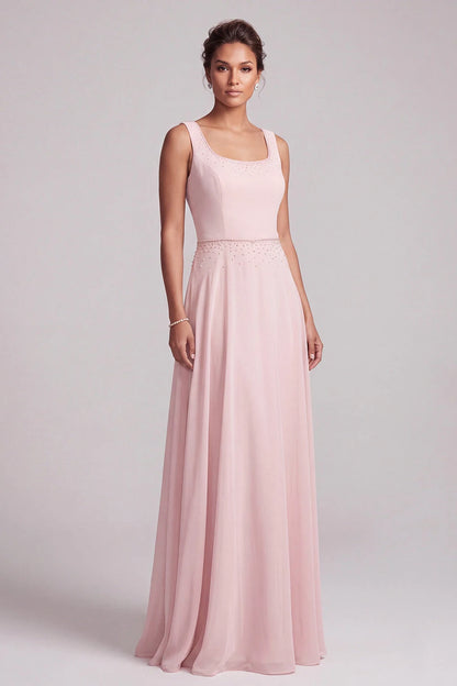 Elegant A-Line Boat Neck Cape Beaded Blush Pink Floor-Length Prom Dress