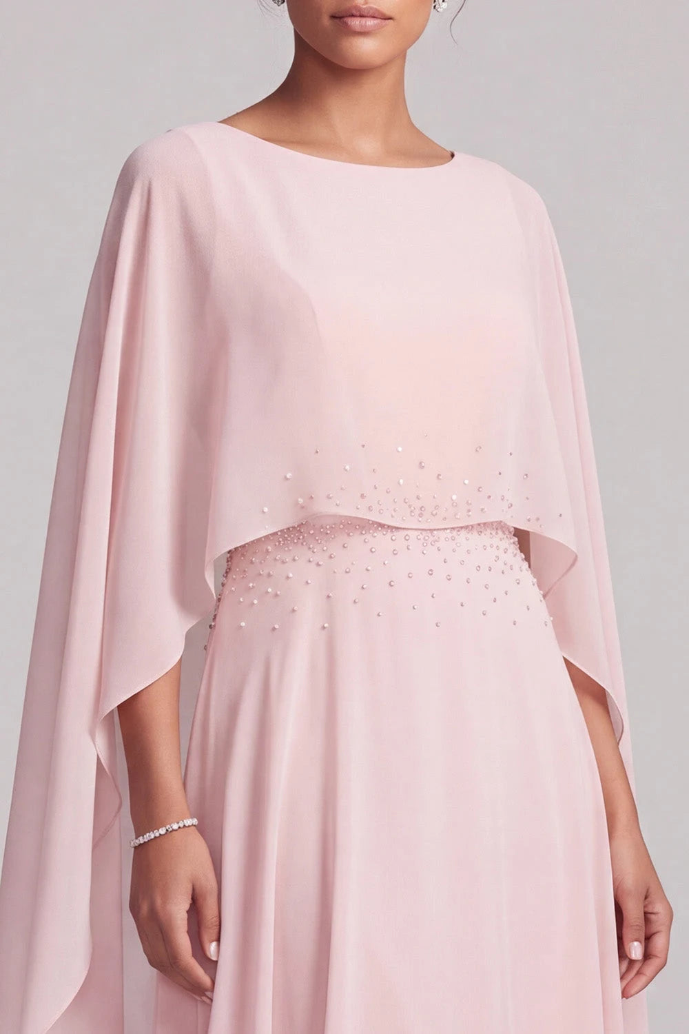 Elegant A-Line Boat Neck Cape Beaded Blush Pink Floor-Length Prom Dress