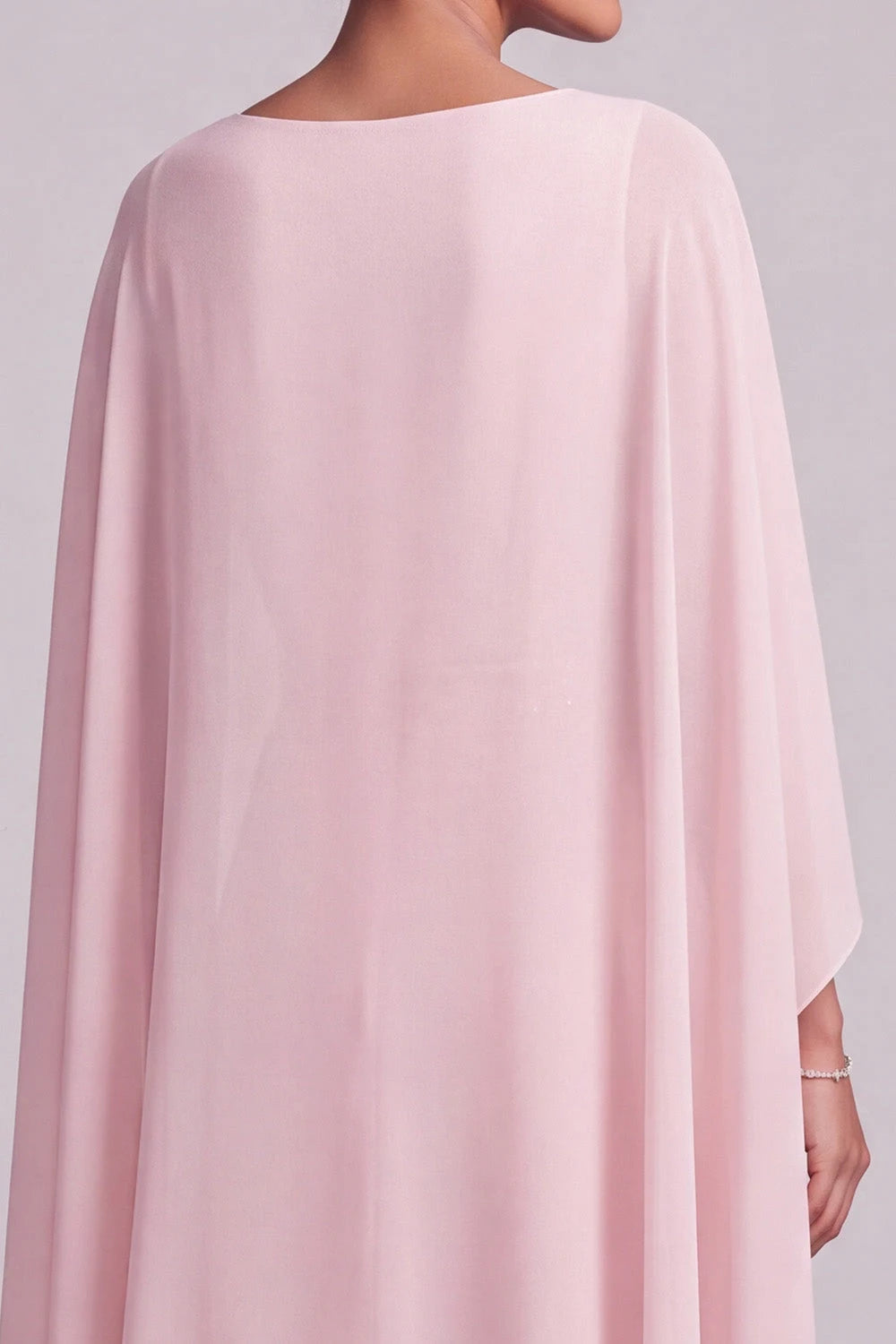 Elegant A-Line Boat Neck Cape Beaded Blush Pink Floor-Length Prom Dress