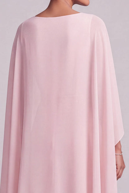 Elegant A-Line Boat Neck Cape Beaded Blush Pink Floor-Length Prom Dress