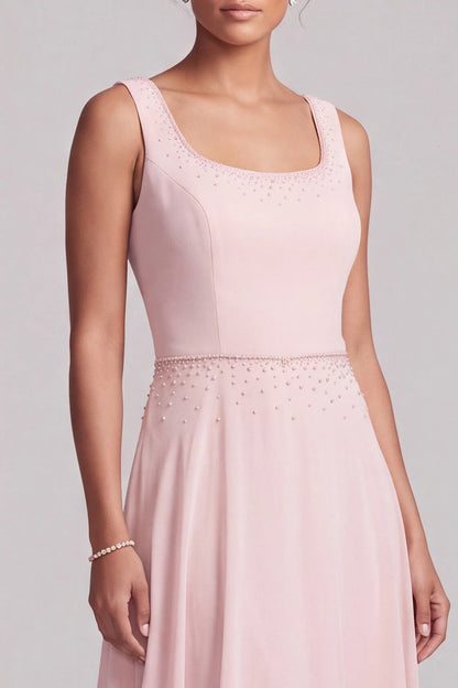 Elegant A-Line Boat Neck Cape Beaded Blush Pink Floor-Length Prom Dress
