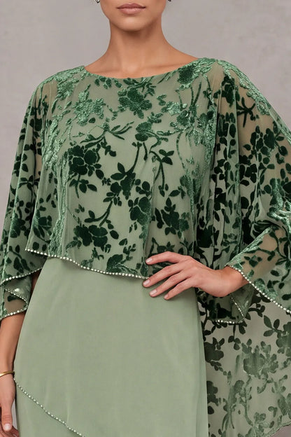 Elegant A-Line Boat Neck Cape Floral Velvet Sage Green Floor-Length Prom Dress