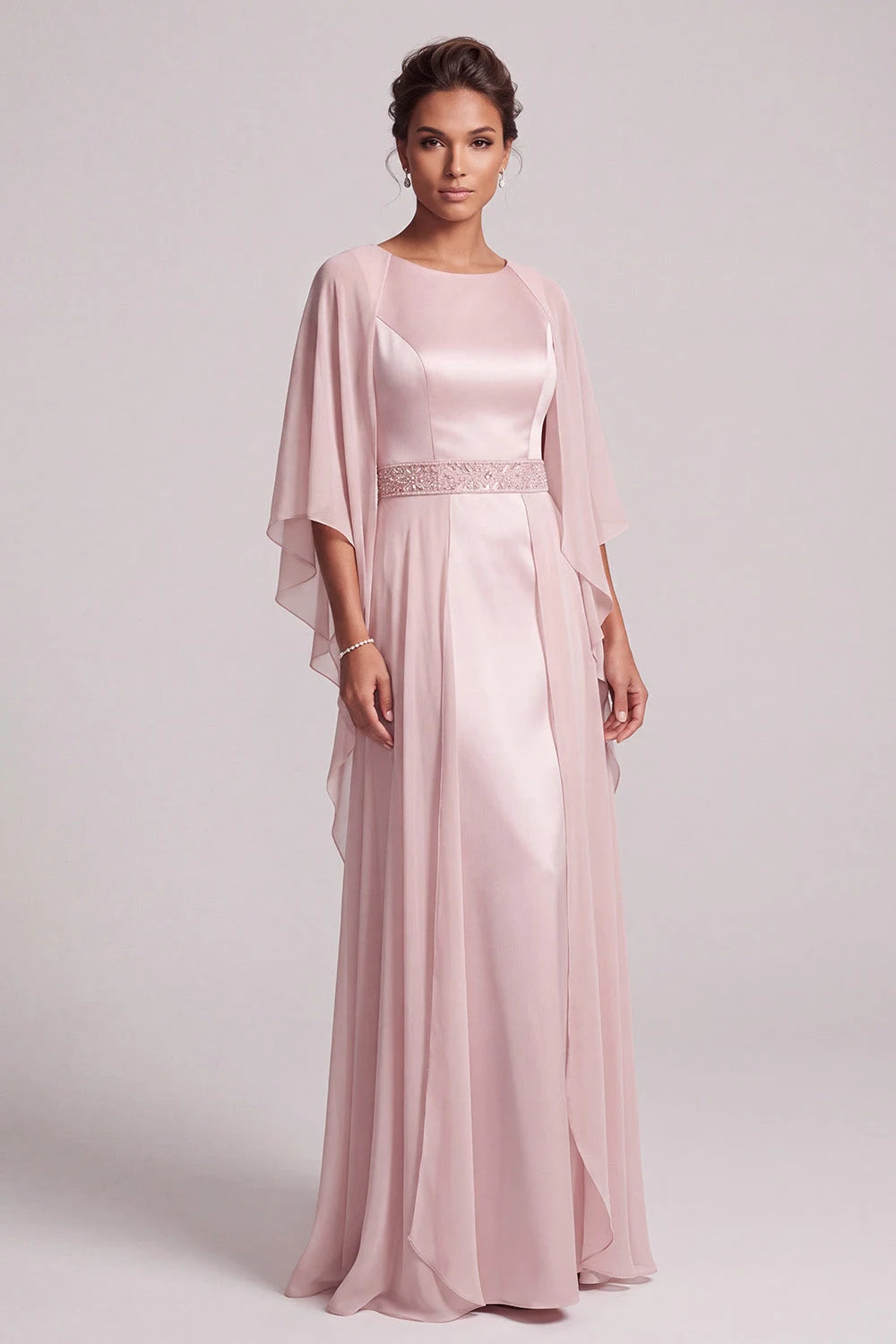Elegant A-Line Boat Neck Cape Sleeve Beaded Blush Pink Long Prom Gown