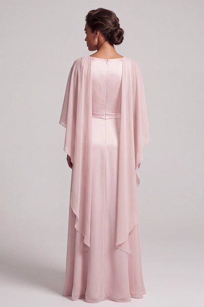 Elegant A-Line Boat Neck Cape Sleeve Beaded Blush Pink Long Prom Gown