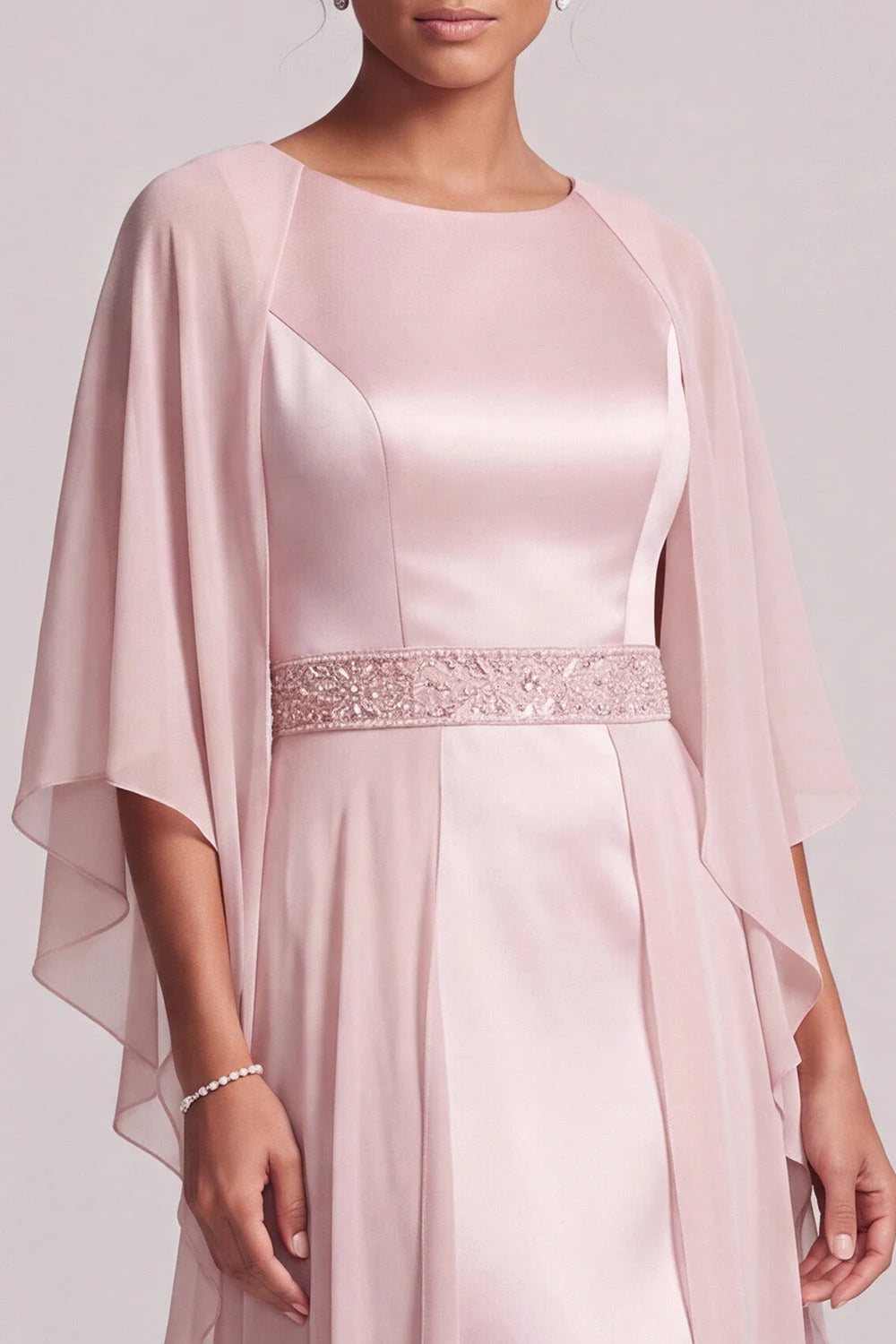 Elegant A-Line Boat Neck Cape Sleeve Beaded Blush Pink Long Prom Gown