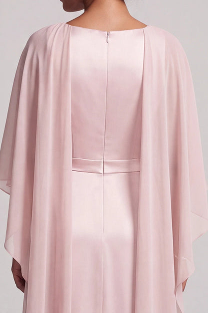 Elegant A-Line Boat Neck Cape Sleeve Beaded Blush Pink Long Prom Gown