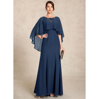 Elegant A-Line Boat Neck Cape Sleeve Beaded Navy Blue Floor-Length Mother of the Bride Gown