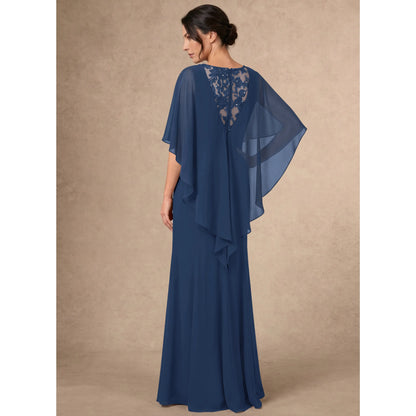Elegant A-Line Boat Neck Cape Sleeve Beaded Navy Blue Floor-Length Mother of the Bride Gown