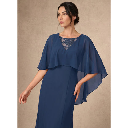 Elegant A-Line Boat Neck Cape Sleeve Beaded Navy Blue Floor-Length Mother of the Bride Gown