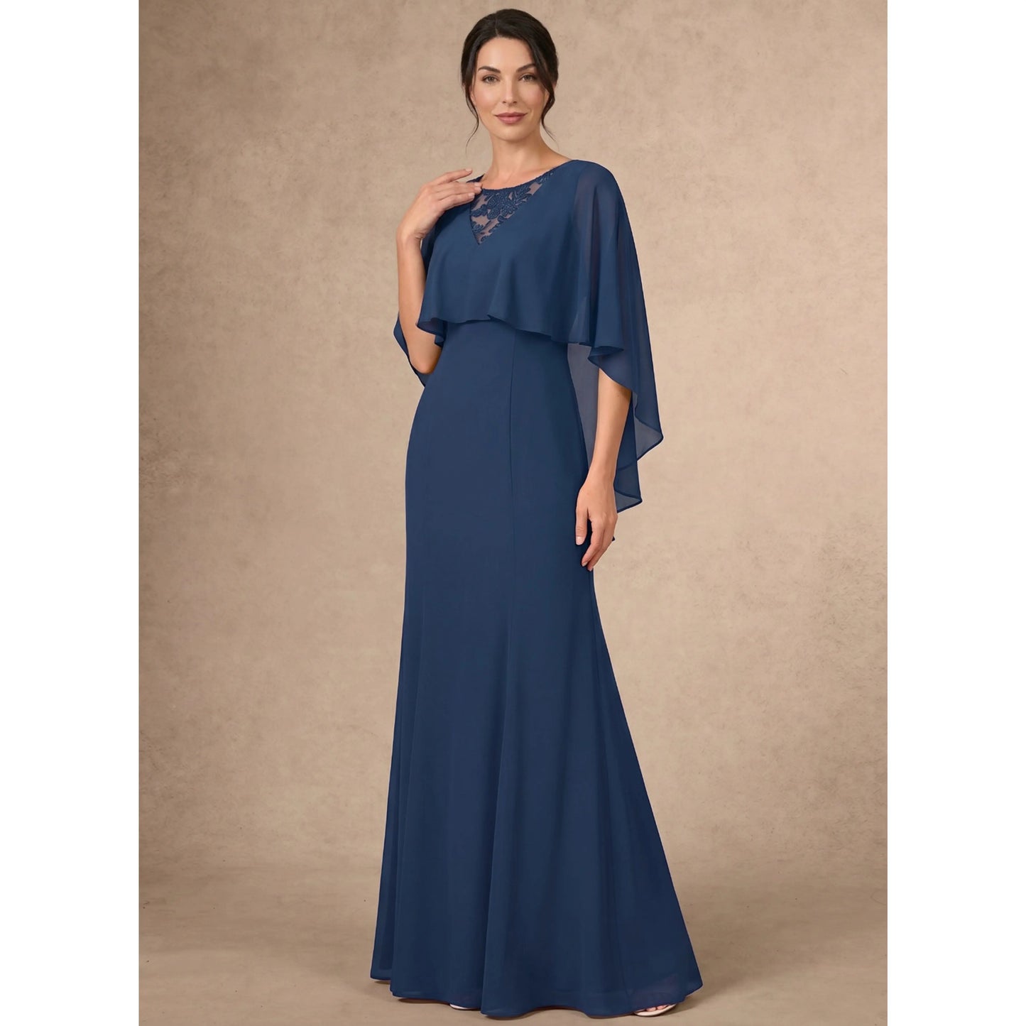 Elegant A-Line Boat Neck Cape Sleeve Beaded Navy Blue Floor-Length Mother of the Bride Gown