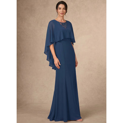 Elegant A-Line Boat Neck Cape Sleeve Beaded Navy Blue Floor-Length Mother of the Bride Gown