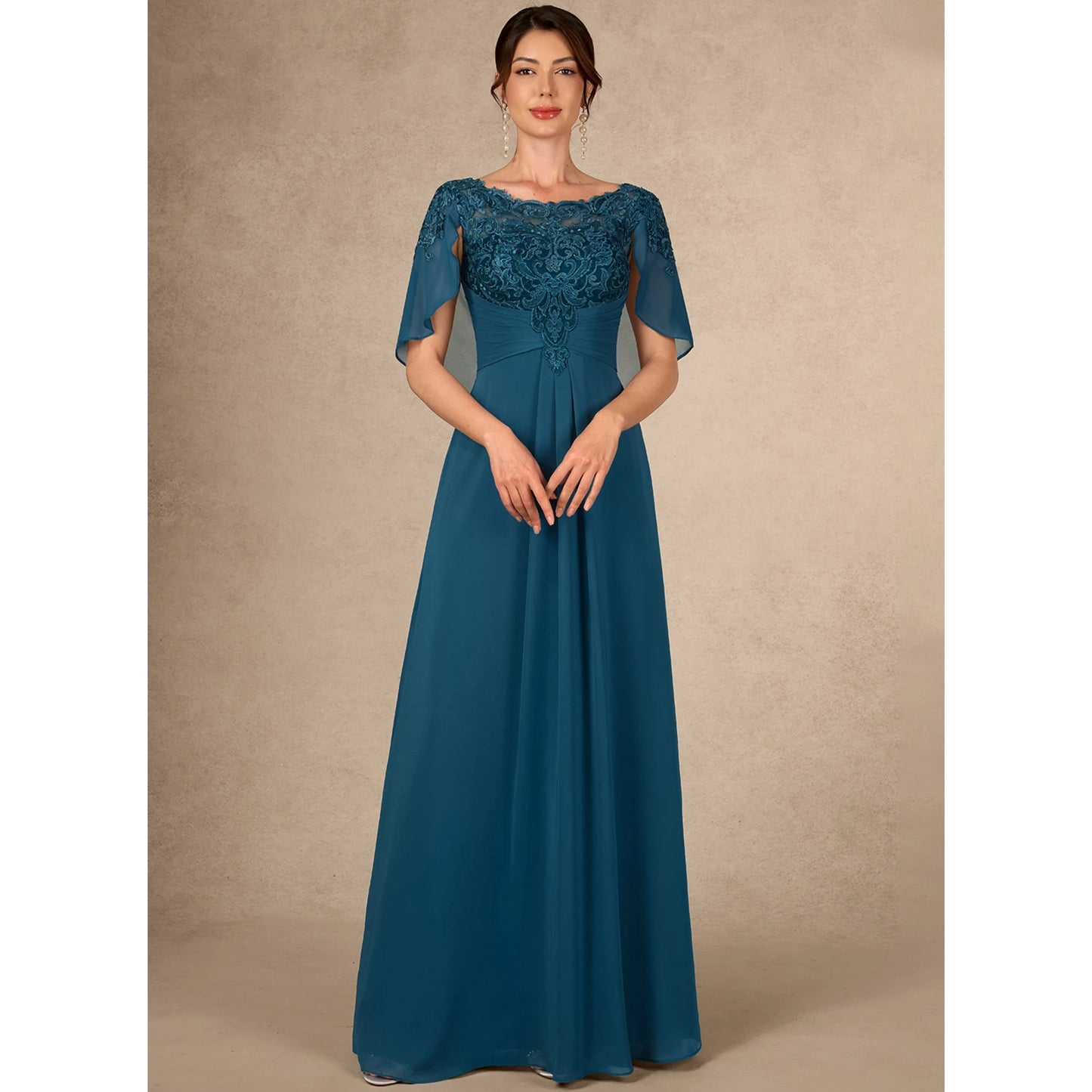 Elegant A-Line Boat Neck Cape Sleeve Embroidered Teal Floor-Length Mother of the Bride Gown