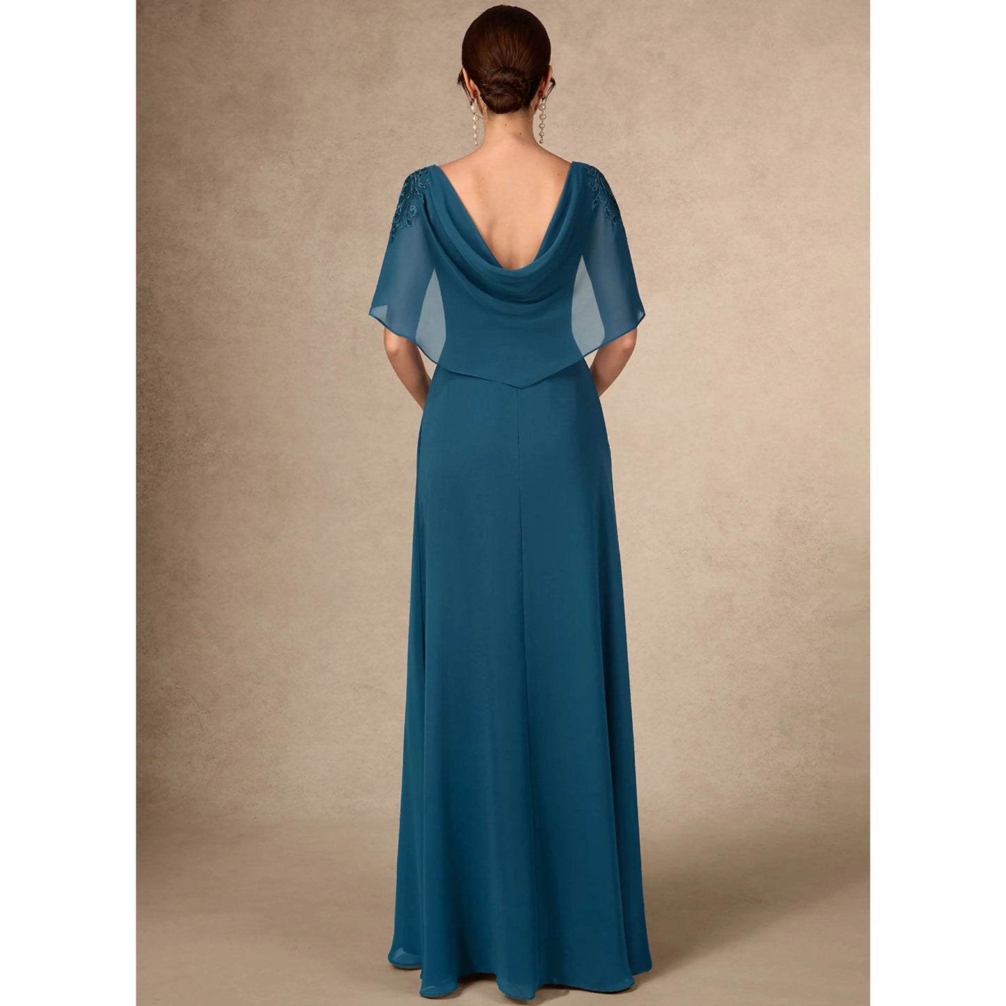 Elegant A-Line Boat Neck Cape Sleeve Embroidered Teal Floor-Length Mother of the Bride Gown