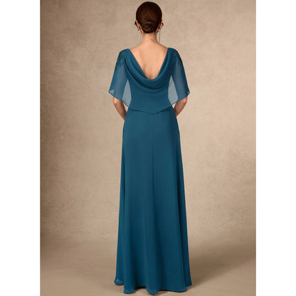 Elegant A-Line Boat Neck Cape Sleeve Embroidered Teal Floor-Length Mother of the Bride Gown