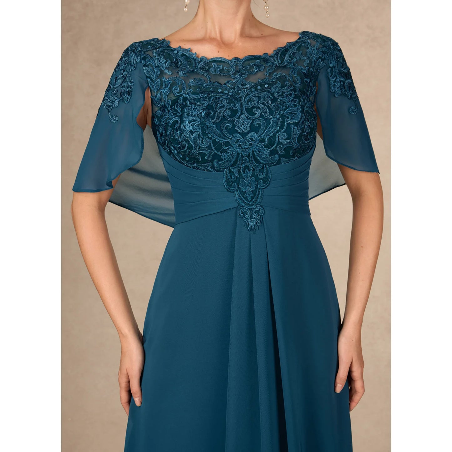 Elegant A-Line Boat Neck Cape Sleeve Embroidered Teal Floor-Length Mother of the Bride Gown
